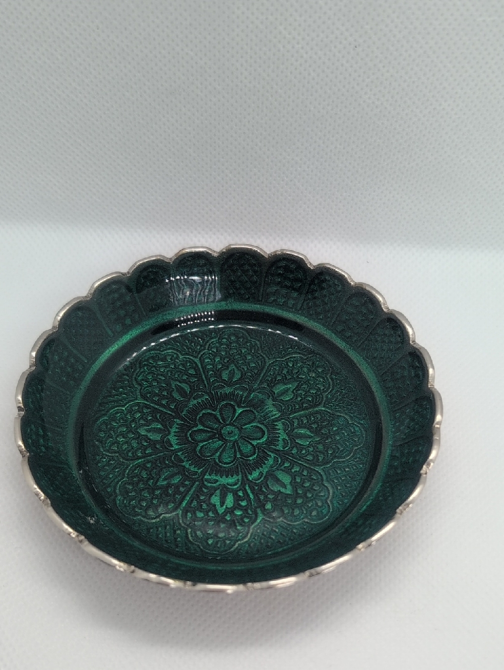 Green Decorative Floral Glass Dish with Silver Rim